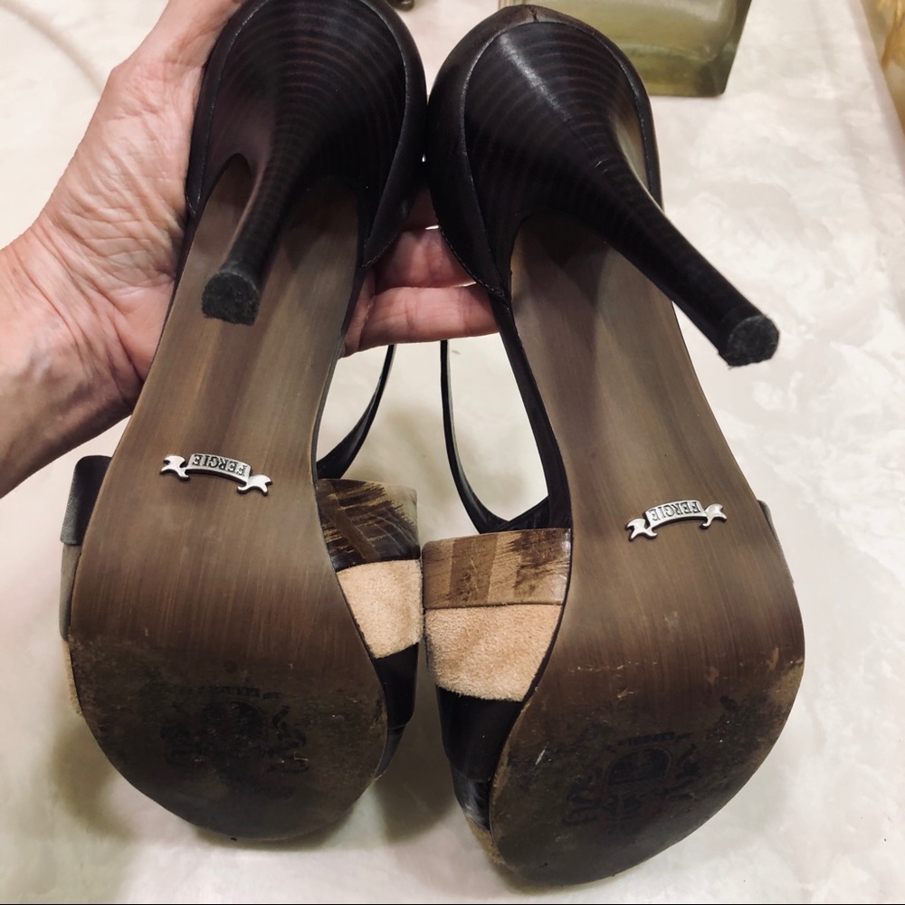 Fergie heeled sandals, brown & tan leather, Sz 8.5 - Picture 7 of 9